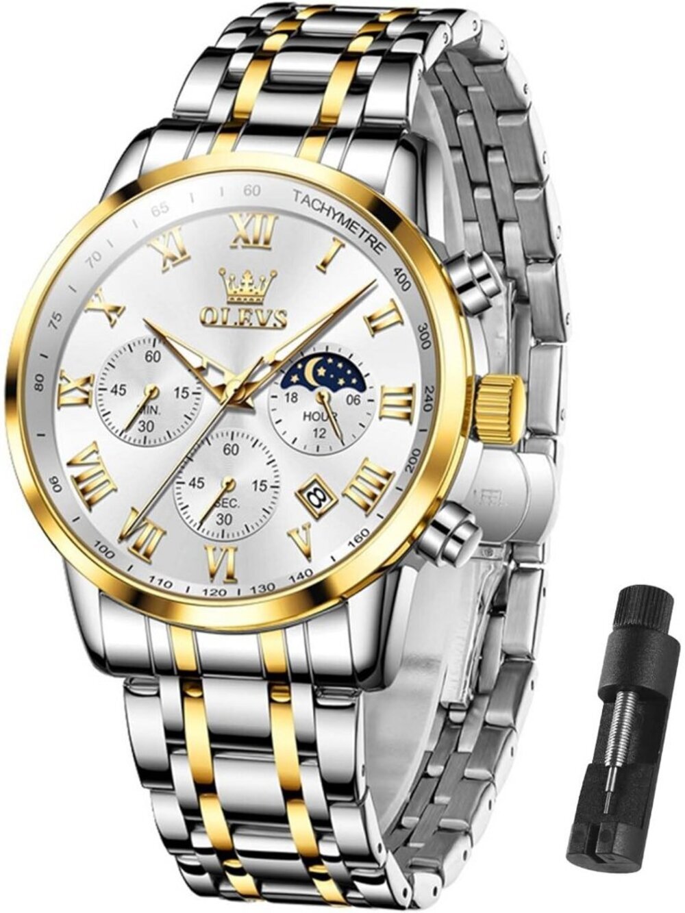 Olevs Men's Silver Gold Multifunction White Face Waterproof Chronograph Watch